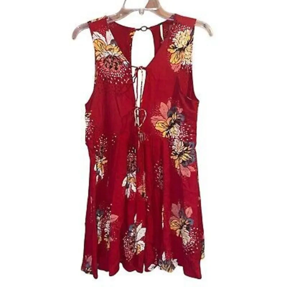 Free People S Lovely Day Red Floral Tunic Dress Cut Out Back Tie Front - Picture 2 of 5